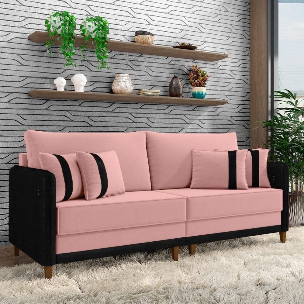 Sofá Living Montecarlo 2 Lugares Bipartido 212cm Pés Em Madeira Veludo-pu Rosê-preto G33 Gran Belo