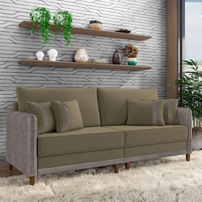 Sofá Living Montecarlo 3 Lugares Bipartido 252cm Pés Em Madeira Veludo-pu Castor-cinza G33 Gran Belo