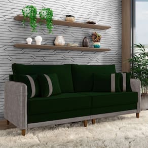 Sofá Living Montecarlo 3 Lugares Bipartido 252cm Pés Em Madeira Veludo-pu Verde-cinza G33 Gran Belo
