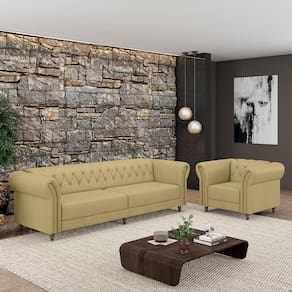 Conjunto 1 Sofá Living 260cm E 1 Poltrona Stanford Chesterfield Pés Madeira Couro Bege G58 Gran Belo