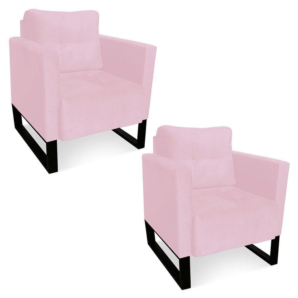 Kit 2 Poltronas Livia Suede Rosa Bebê Base Industrial Preto - D`rossi