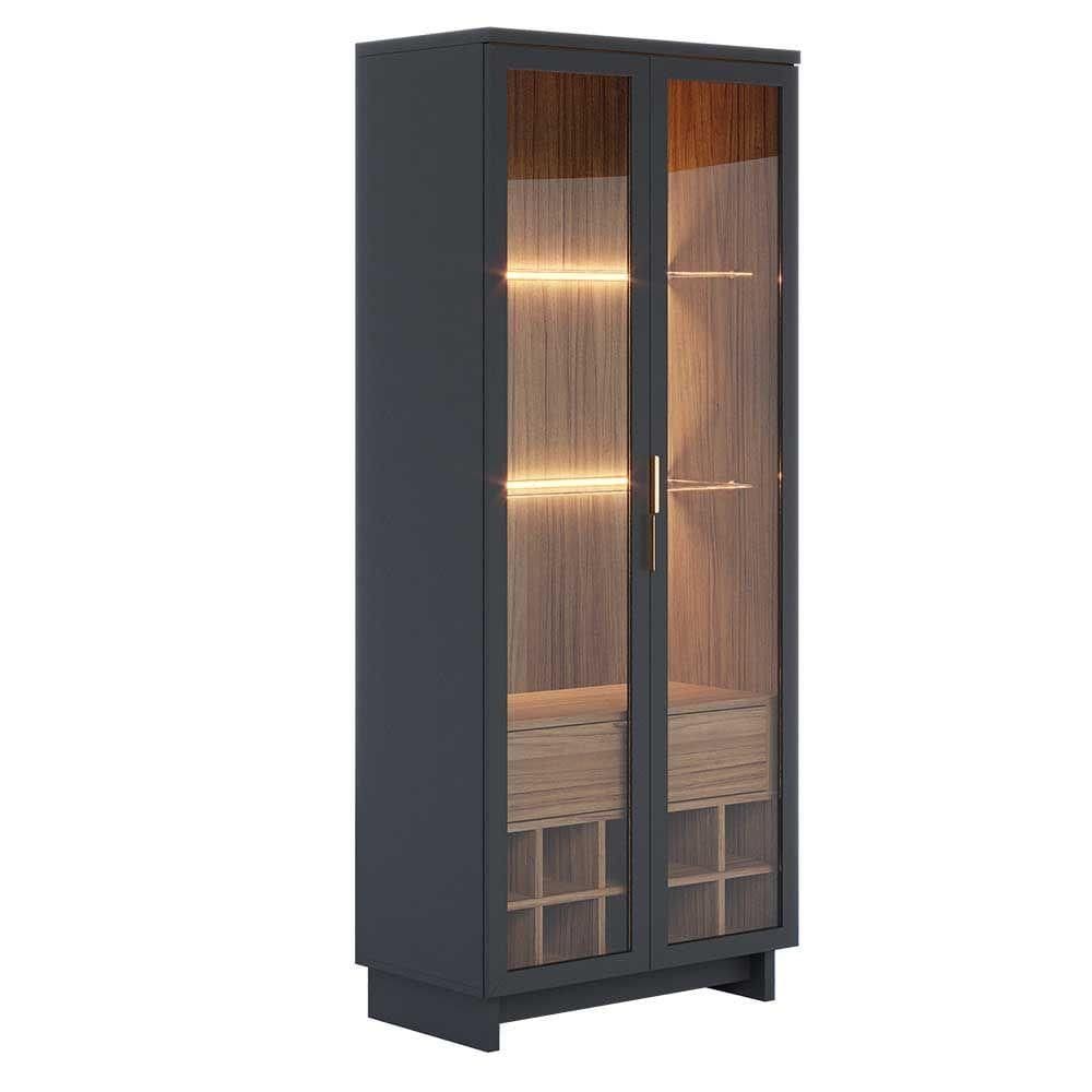 Cristaleira Decorativa Tenerife Com Portas De Vidro E Adega Led Mdf-mdp Preto-noce G73 - Gran Belo