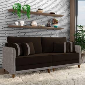 Sofá Living Montecarlo 3 Lugares Bipartido 252cm Pés Em Madeira Veludo-pu Marrom-cinza G33 Gran Belo