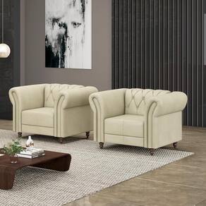 2 Poltronas Decorativas Stanford Chesterfield Pés De Madeira Couro Off White G58 Gran Belo