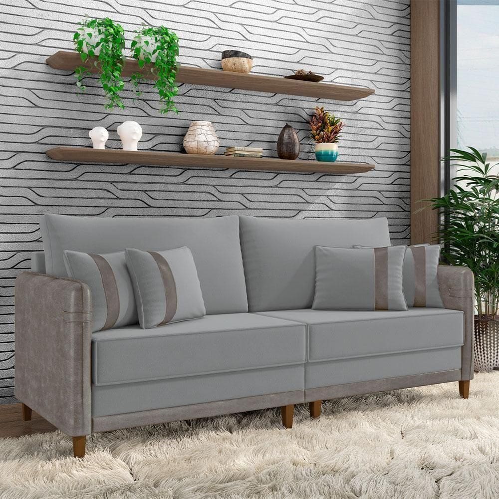 Sofá Living Montecarlo 3 Lugares Bipartido 232cm Pés Em Madeira Veludo-pu Cinza G33 Gran Belo