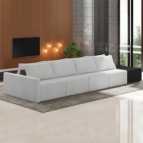Sofá Ilha Modulado Milos 392cm Puff Lateral Cinza Preto Manchado Bouclê/pu G33 - Gran Belo
