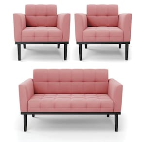 Conjunto 2 Poltronas E 1 Namoradeira Decorativa Karen Pés Fixo Em Madeira Preto Suede Rose G19 - Gran Belo