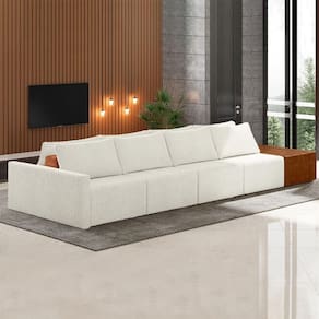 Sofá Ilha Modulado Milos 432cm Puff Lateral Offwhite Caramelo Manchado Bouclê/pu G33 - Gran Belo