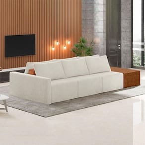 Sofá Ilha Modulado Milos 342cm Puff Lateral Offwhite Caramelo Manchado Bouclê/pu G33 - Gran Belo