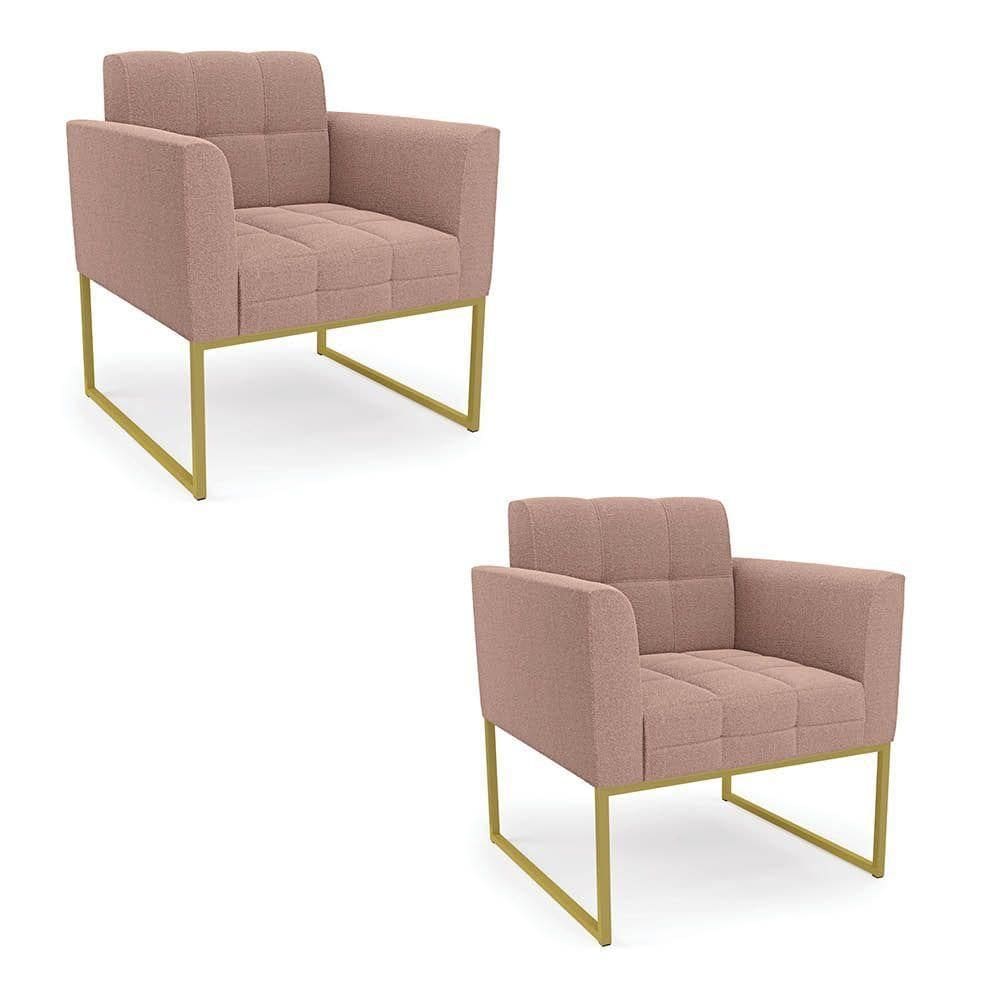 Poltrona Decorativa Industrial Dourado Kit 2 Elisa Bouclê Rosê D03 - D`rossi