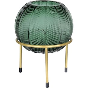 VASO DECORATIVO ENFEITE CASA FOLHAS HOME&CO COM SUPORTE METAL VIDRO 21x15x15cm VERDE