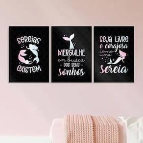 Kit 3 Quadros Sereias - Seja Livre E Corajosa 33X24Cm Vidro