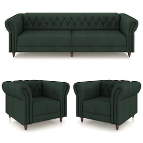 Conjunto 1 Sofá Living 240cm E 2 Poltronas Stanford Chesterfield Pés Madeira Couro Verde G58 Gran Belo