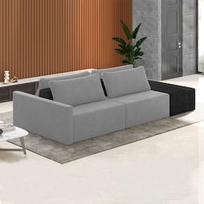 Sofá Ilha Modulado Milos 232cm Puff Lateral Cinza Preto Manchado Veludo/pu G33 - Gran Belo