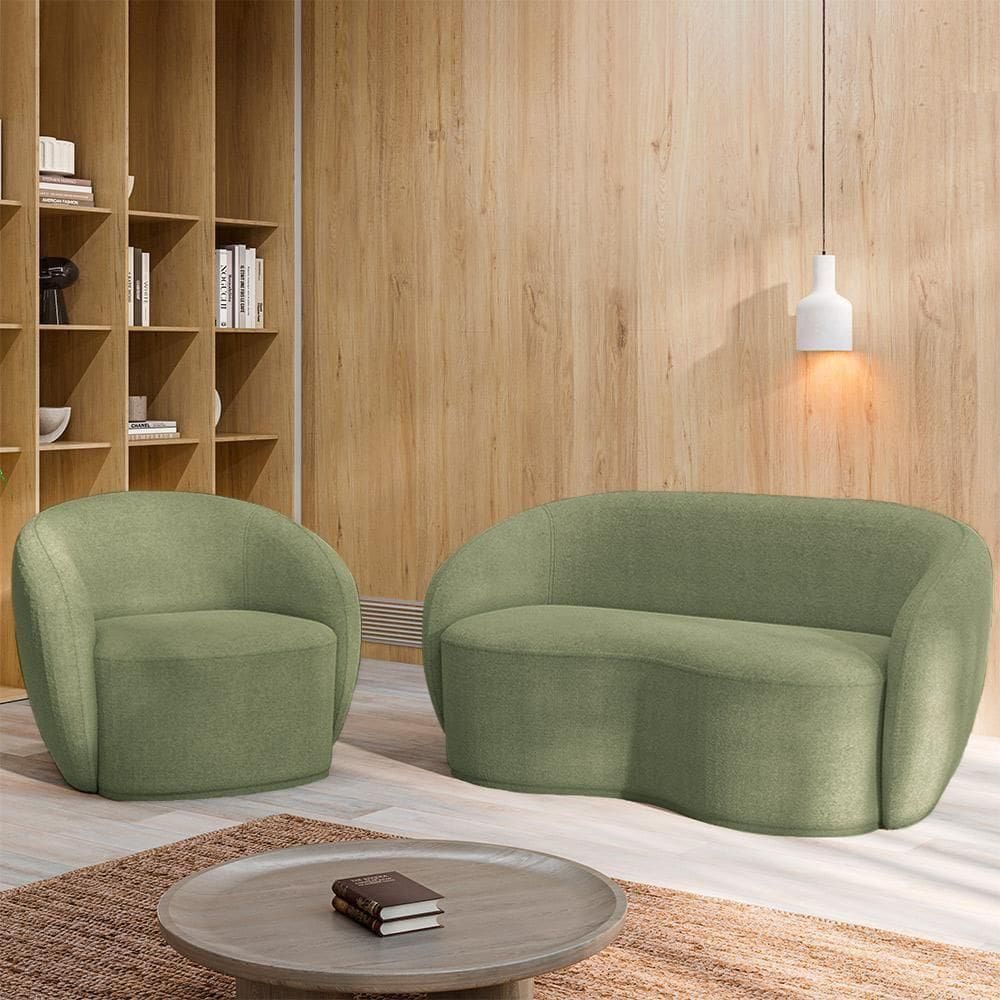 Conjunto 1 Sofá Living 180cm E 1 Poltrona íbis Encosto Fixo Bouclê Verde G33 - Gran Belo