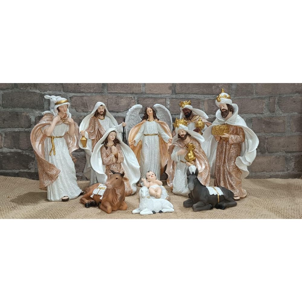 Presépio De Natal Dourado E Creme De Resina 22Cm 11 Peças