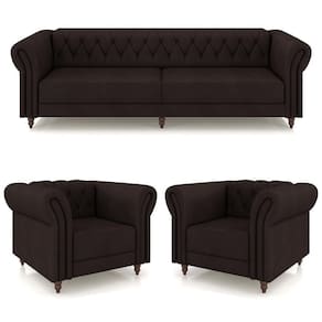 Conjunto 1 Sofá Living 260cm E 2 Poltronas Stanford Chesterfield Pés Madeira Couro Marrom G58 Gran Belo