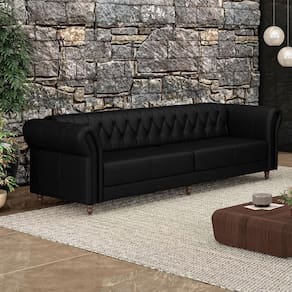 Sofá Living Stanford Chesterfield 3 Lugares 240cm Pés De Madeira Couro Preto Brilho G58 Gran Belo