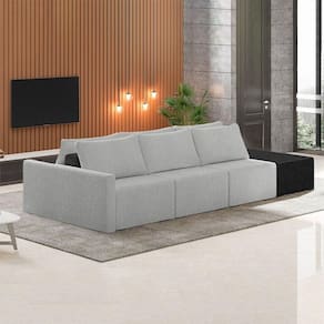 Sofá Ilha Modulado Milos 342cm Puff Lateral Cinza Preto Manchado Bouclê/pu G33 - Gran Belo