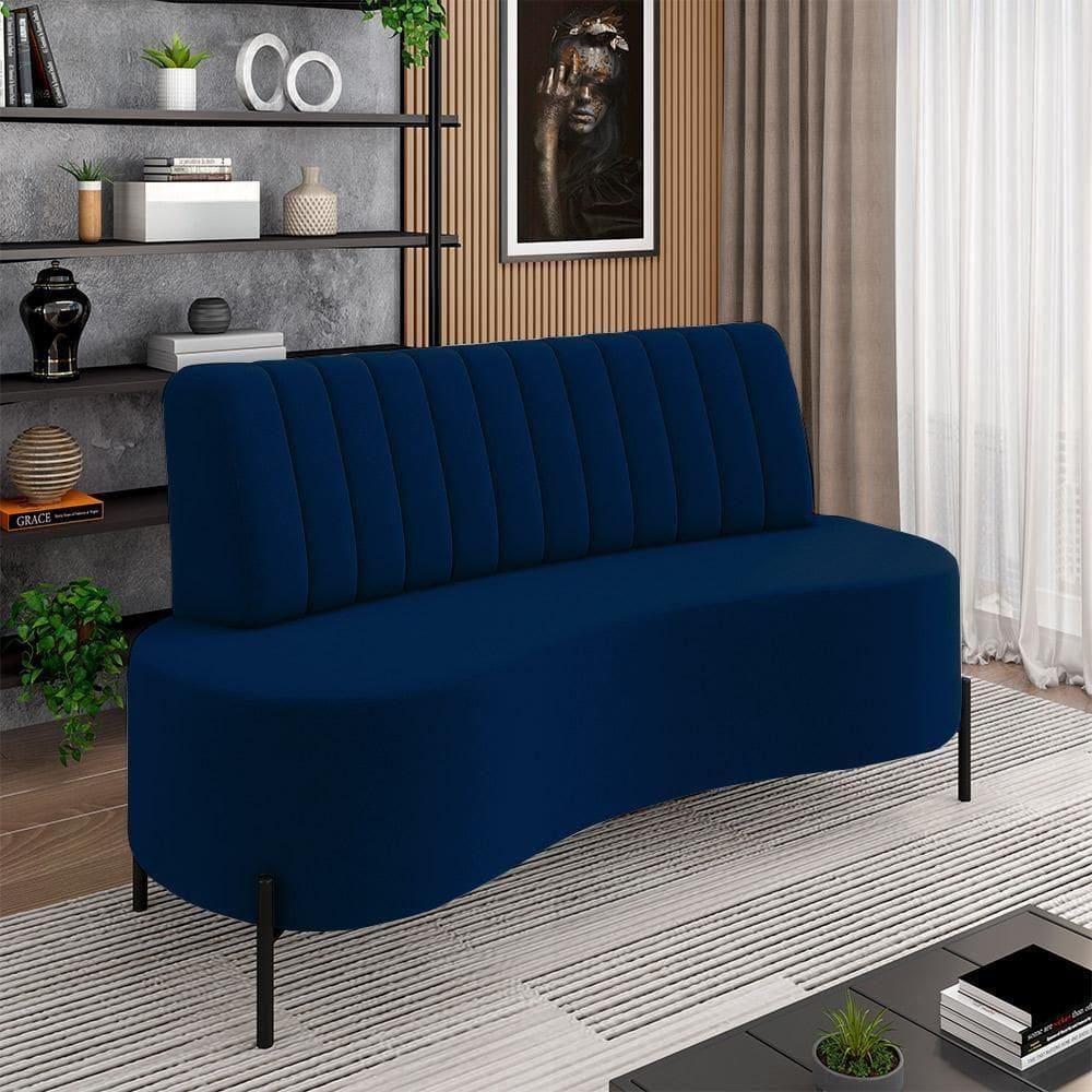 Sofá Living Decorativo 2 Lugares 1,35m Katara Pés De Ferro Veludo Azul G33 - Gran Belo