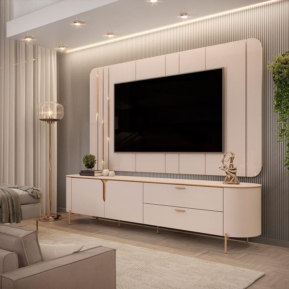 Painel Com Bancada 241cm Avatar Para Tv Até 75 Com Led E Detalhes Dourados Off White G18 - Gran Belo