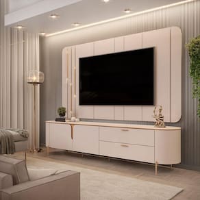 Painel Com Bancada 241cm Avatar Para Tv Até 75 Com Led E Detalhes Dourados Off White G18 - Gran Belo