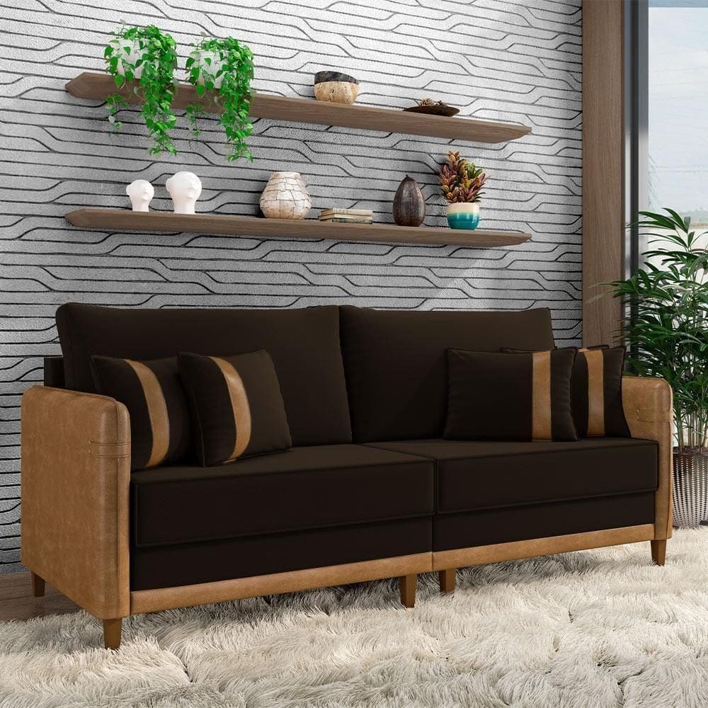 Sofá Living Montecarlo 2 Lugares Bipartido 212cm Pés Em Madeira Veludo-pu Marrom-caramelo G33 Gran Belo