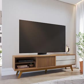 Bancada Tv Genebra Portas Ripadas Duas Gavetas Pés Em Madeira Freijó-off White G73 Gran Belo