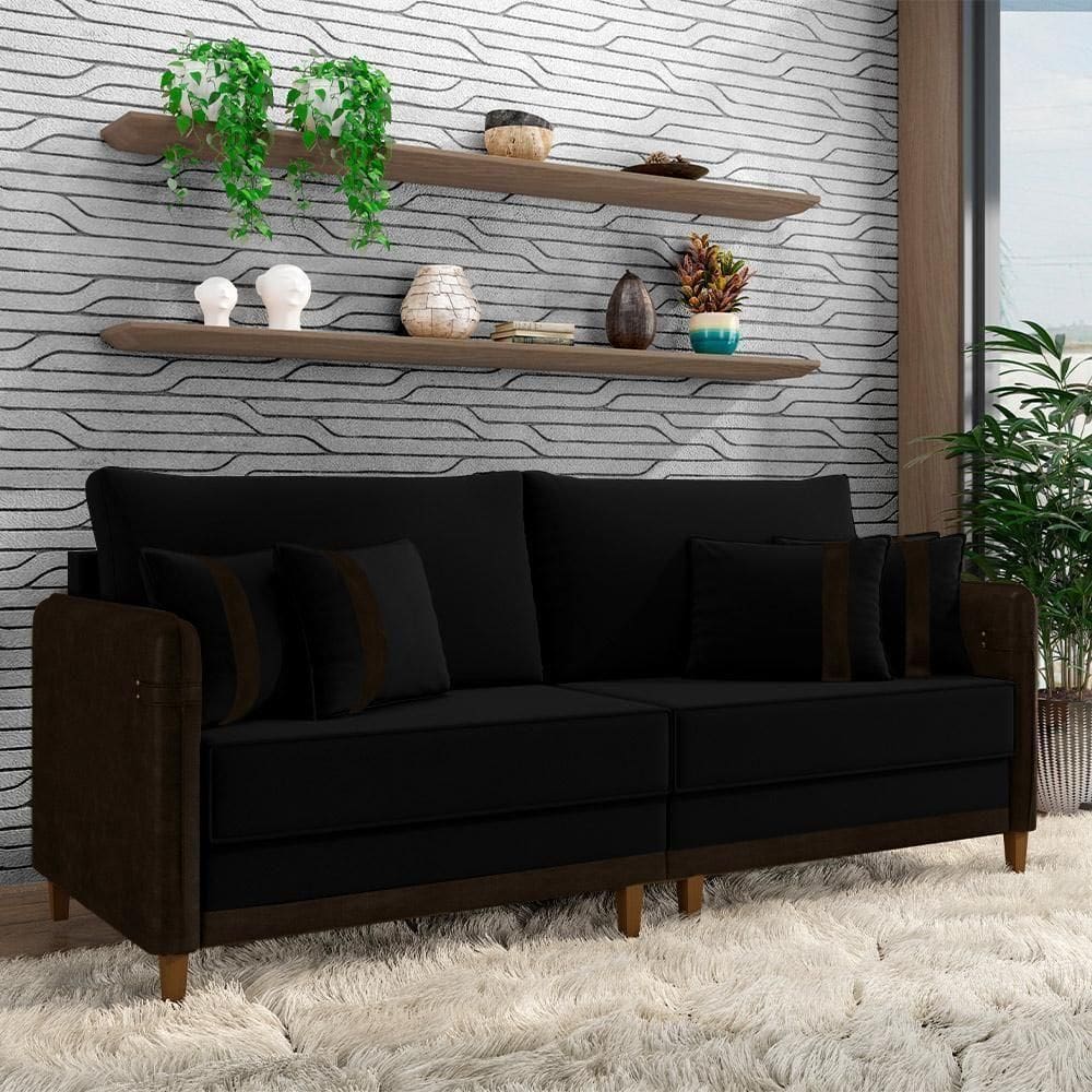 Sofá Living Montecarlo 2 Lugares Bipartido 172cm Pés Em Madeira Veludo-pu Preto-marrom G33 Gran Belo