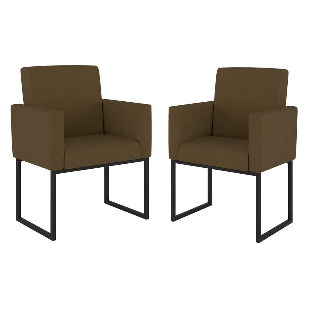 Kit 02 Poltrona Cadeira Decorativa Recepção Base Ferro Preto Cor:marrom