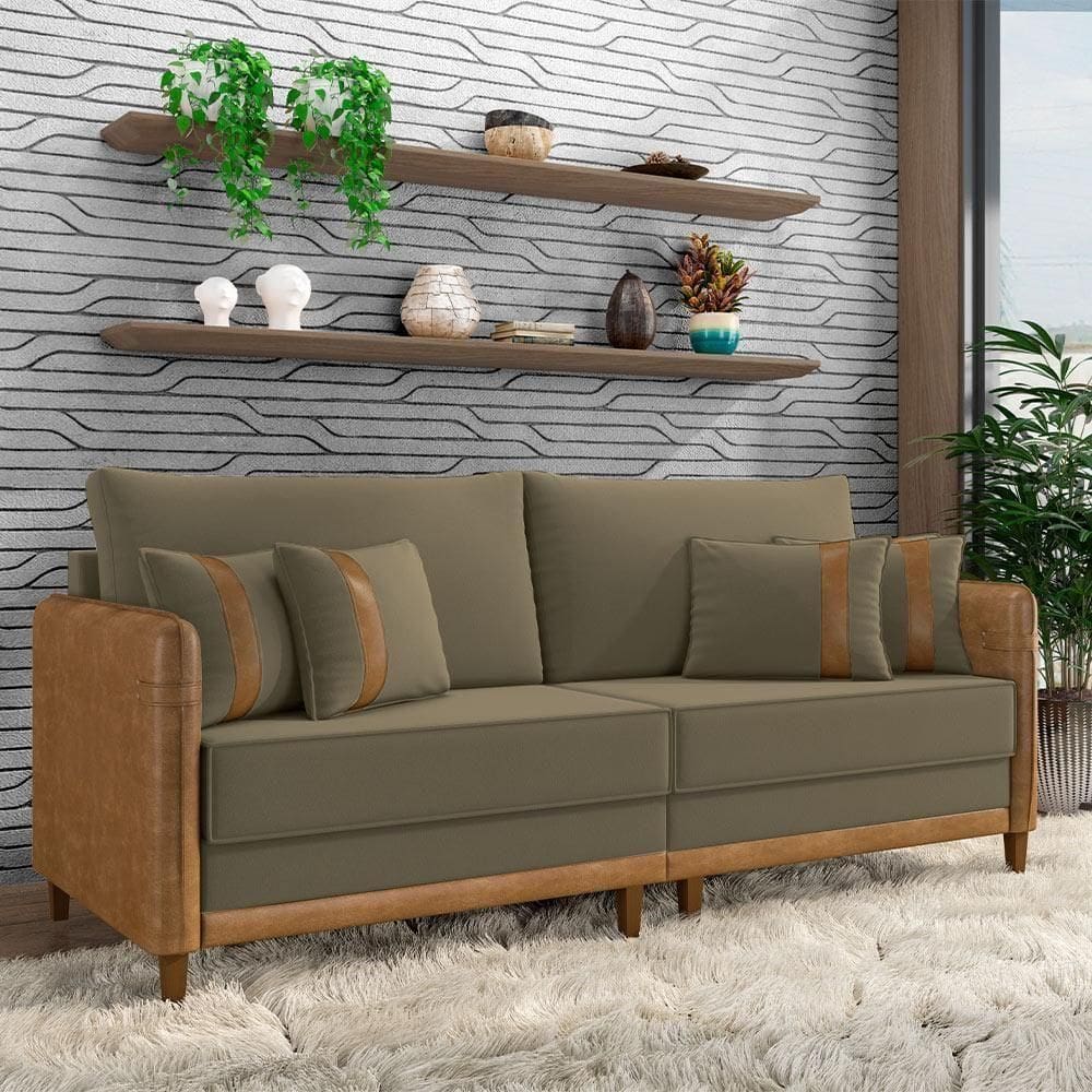 Sofá Living Montecarlo 3 Lugares Bipartido 232cm Pés Em Madeira Veludo-pu Castor-caramelo G33 Gran Belo