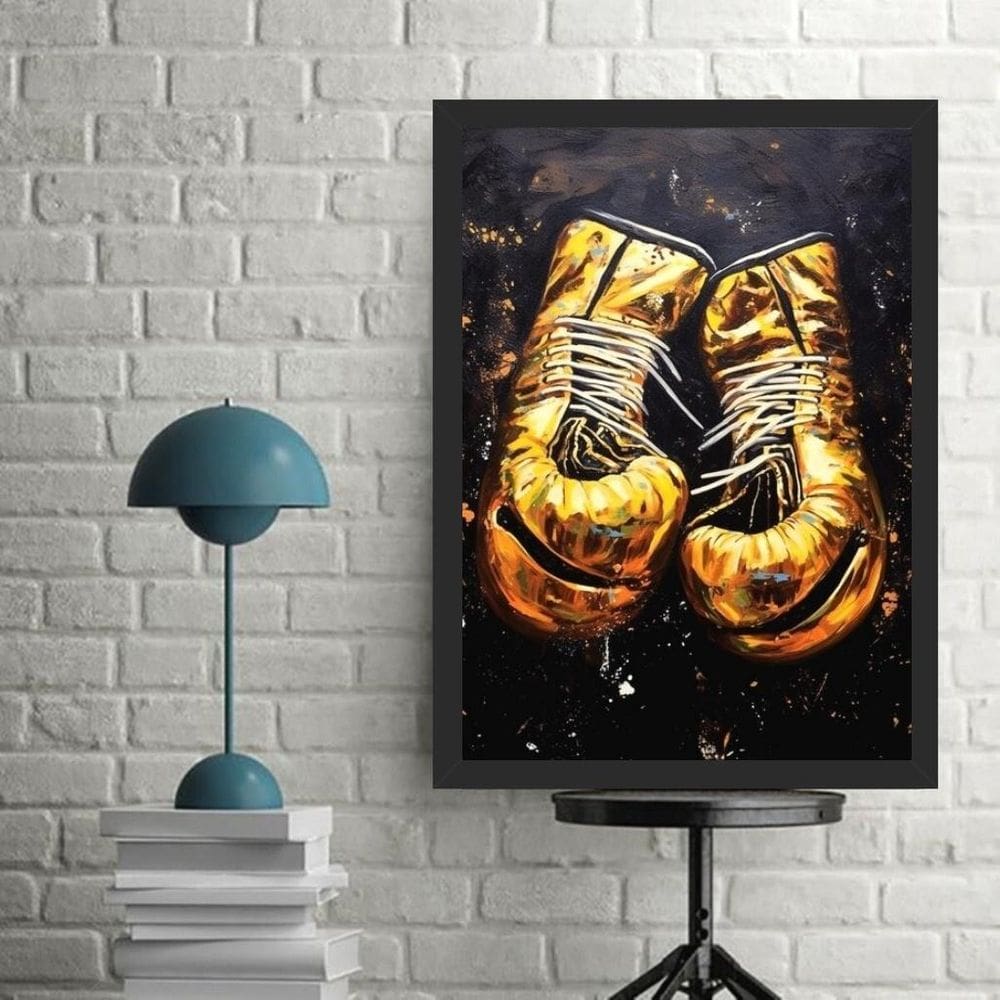 Quadro Decorativo Arte Luvas Boxe Dourada 45X34Cm - Vidro