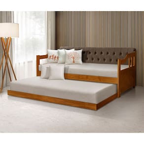 Bicama Dublin Estofado Capitonê Veludo Marrom Madeira com Cama Auxiliar 2 Colchões - Castanho