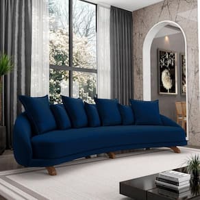 Sofá Living 3 Lugares 265cm Pés Madeira Morales Com Almofadas Veludo Azul Marinho G52 - Gran Belo