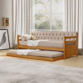 Bicama Solteiro Verona Imbuia Estofado Capitonê Veludo Bege Com Cama Auxiliar + 2 Kit