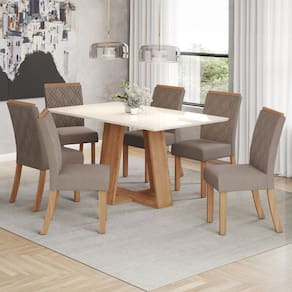 Conjunto Sala de Jantar Lins 160 Cm Canto Reto 6 Cadeiras Natural/Off White e Bege