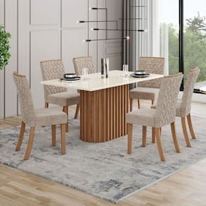 Conjunto Sala de Jantar Solana 160 Cm Canto Reto 6 Cadeiras Natural/Off White e Creme