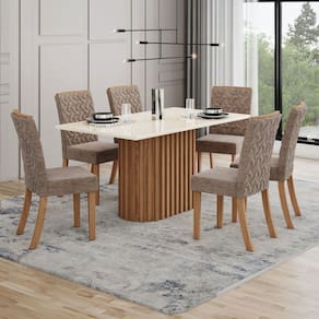 Conjunto Sala de Jantar Solana 160 Cm Canto Reto 6 Cadeiras Natural/Off White e Cacao