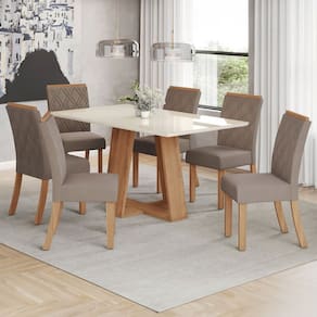 Conjunto Sala de Jantar Lins 160 Cm Canto Reto com Vidro 6 Cadeiras Natural/Off White e Bege