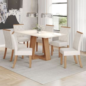 Conjunto Sala de Jantar Lins 160 Cm Canto Reto 6 Cadeiras Natural/Off White e Linho