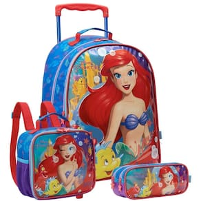 Kit Mochila Rodas 16 Ariel Sereia Lancheira Estojo Escolar