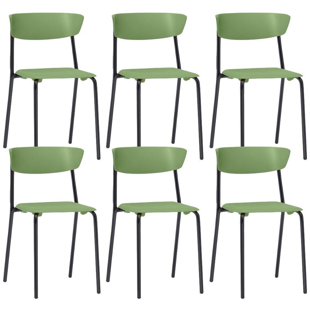 Kit 06 Cadeiras Empilhável Fixa F02 Base Aço Preta Verde - Lyam Decor