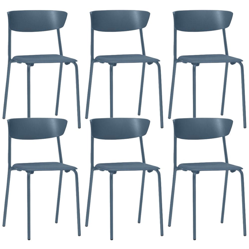 Kit 06 Cadeiras Empilhável Fixa F02 Base Aço Azul - Lyam Decor