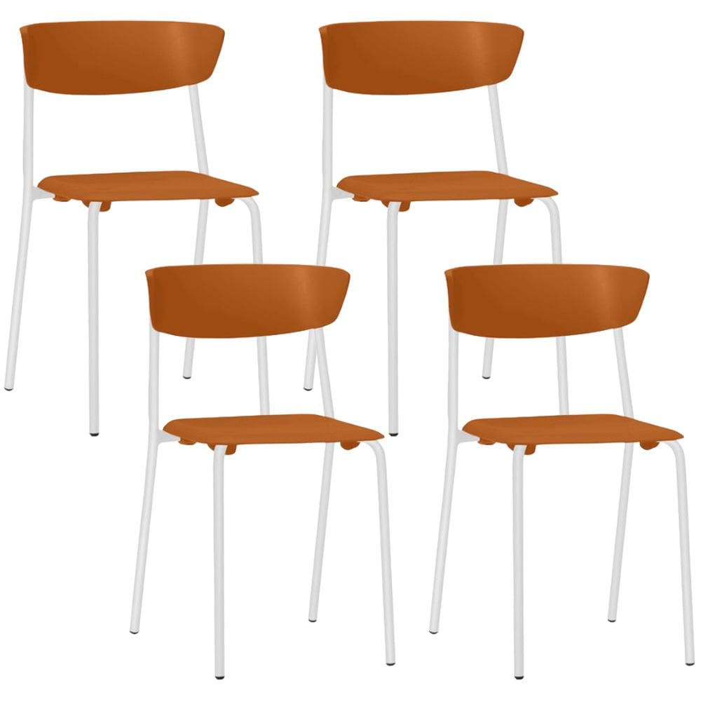 Kit 04 Cadeiras Empilhável Fixa F02 Base Aço Branco Laranja - Lyam Decor