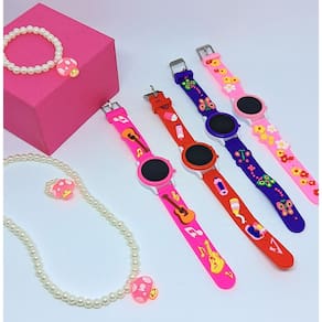Kit Relógio Infantil Diigital Menina Silicone Desenho 3D Urso Florzinha + Conjunto Colar Pulseira Anél Miçangas Perolas