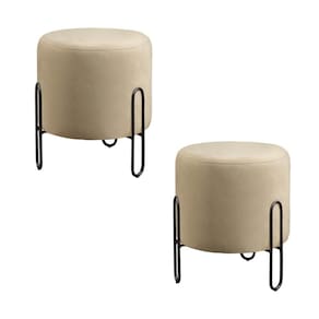 Conjunto - 2 Puffs Banqueta Mali Luxo Base Metálica Preta Linho Bege