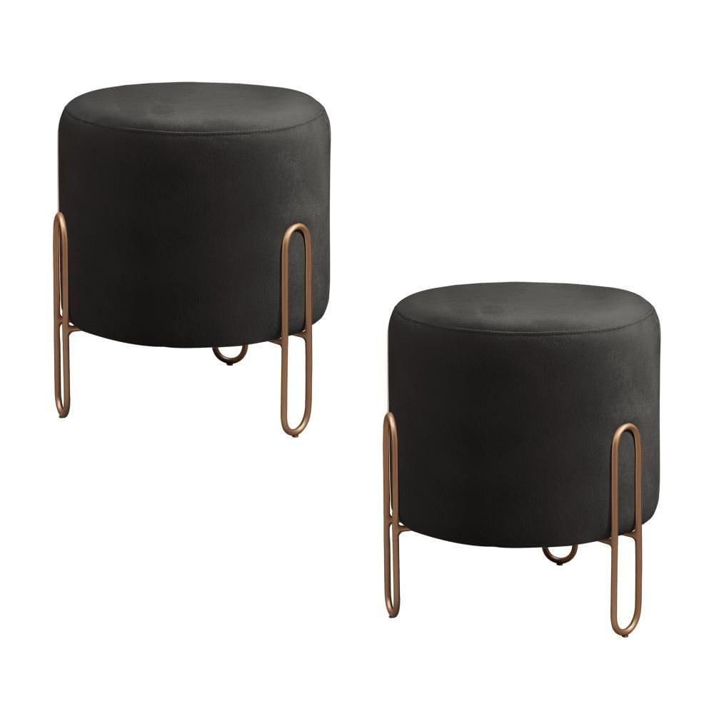Conjunto - 2 Puffs Banqueta Mali Luxo Base Metálica Bronze Corino Preto