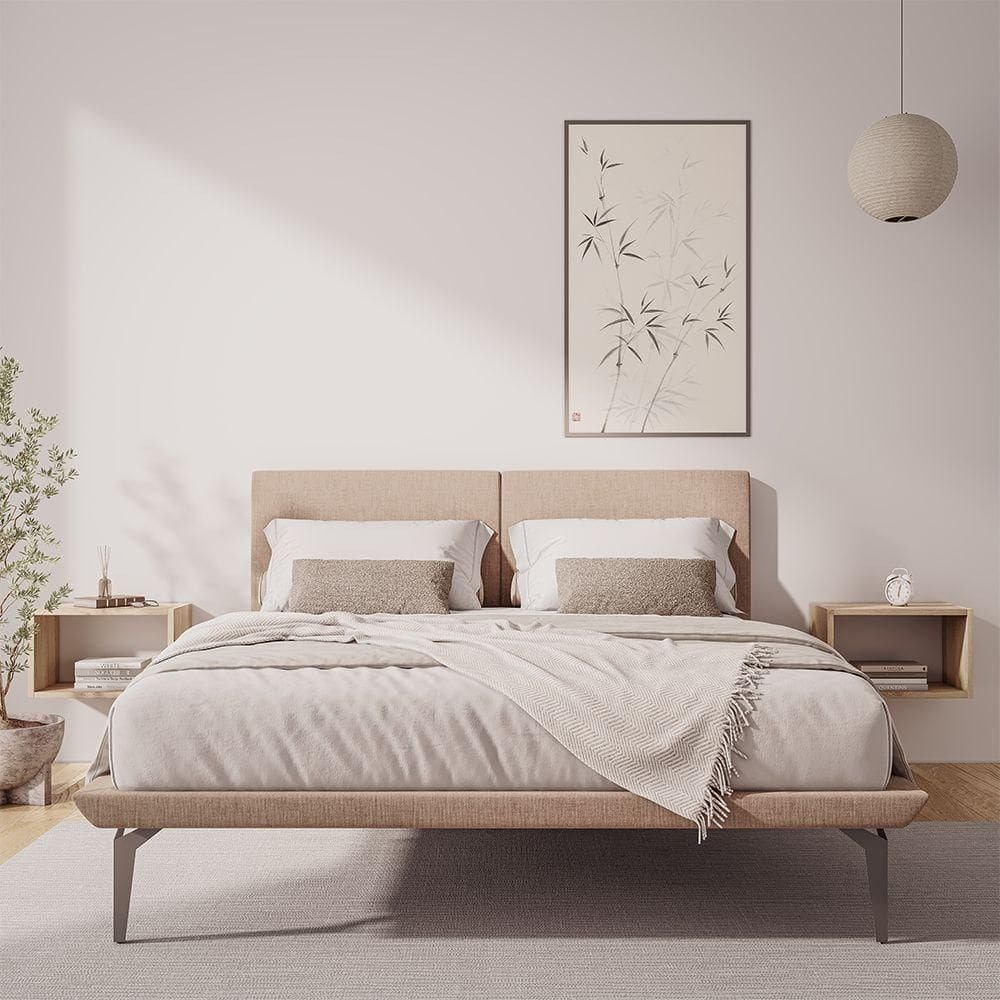 Estrutura Para Cama Japonesa Toquio Queen Com Cabeceira Almofada Linho Bege - Cor: Bege