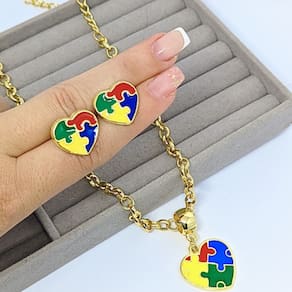Kit Colar e Brinco Feminino Corrente elo Português com Pingente Coração quebra cabeça Brincos antialérgico Folheado Ouro
