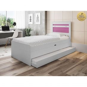 Cama Baú 0,88 Larissa Com Auxiliar Em Mdf Framar Branco Rosa